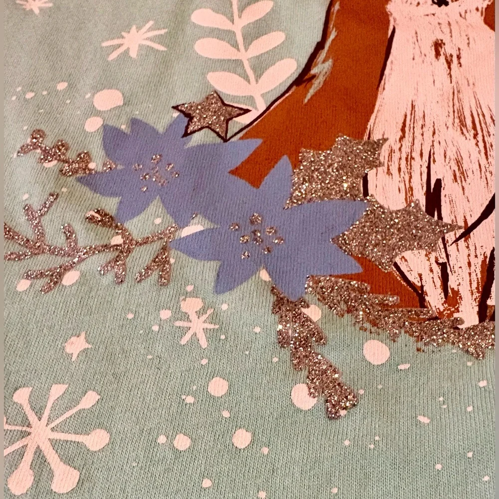 NWOT, Girl’s Winter Deer Graphic Long Sleeve with Glitter, Blue, Size 10/12